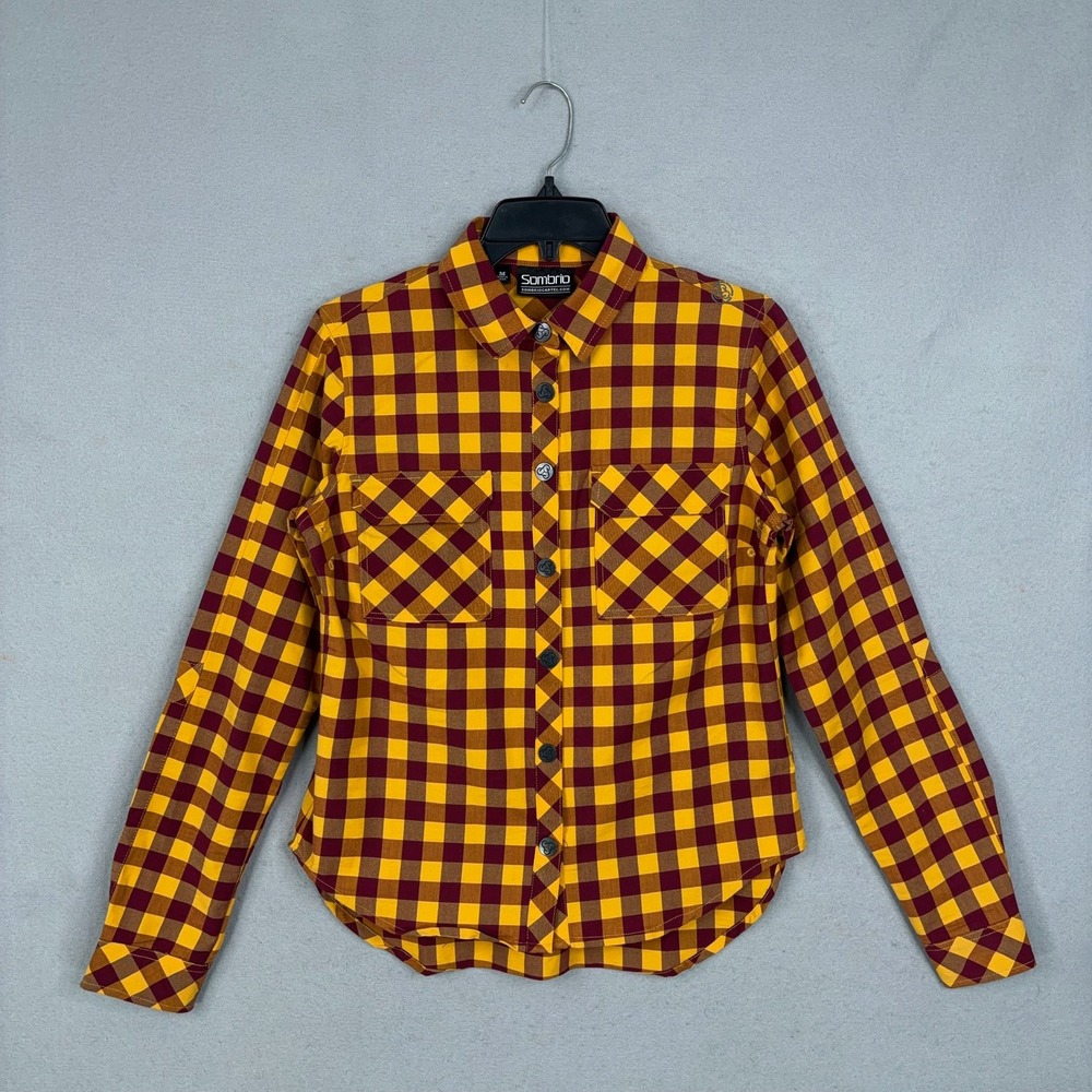 Sombrio Plaid Flannel Shirt Womens Medium Yellow Maroon Gingham MTB Outdoor